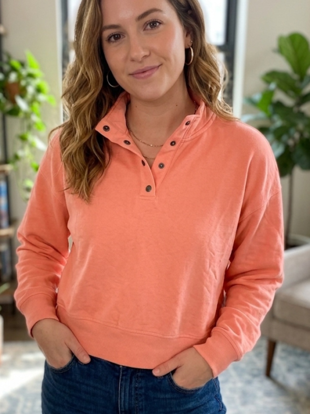 Como Vintage Coral Snap-Button Pullover Sweatshirt NWOT medium summer fall vacay